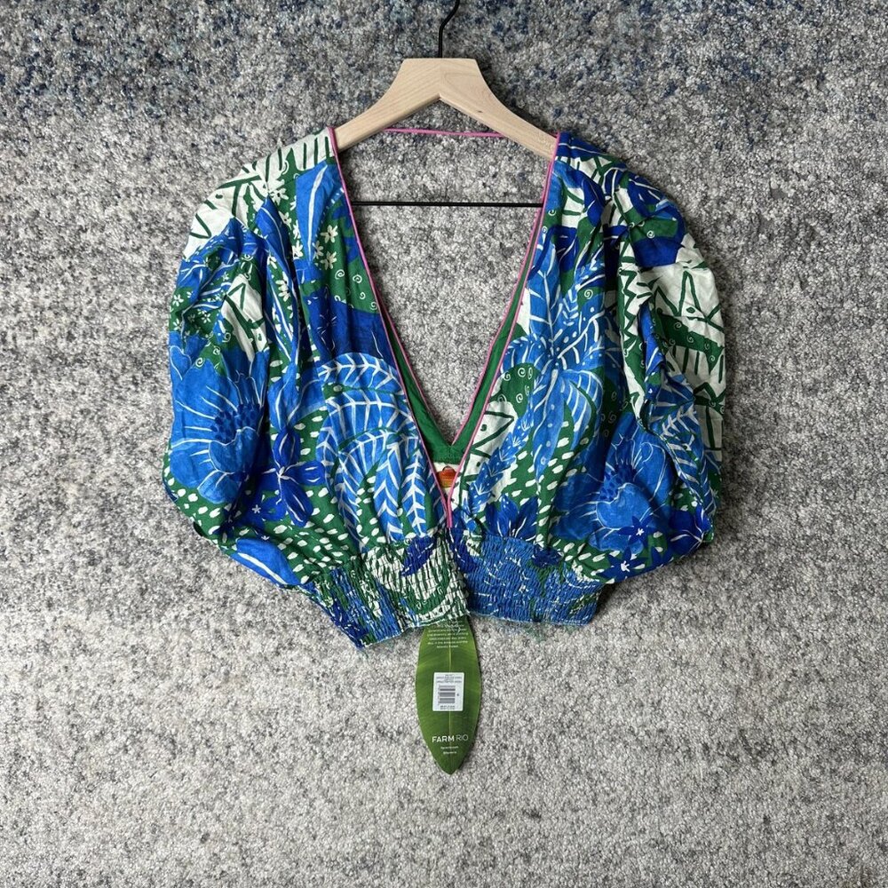 Farm Rio Shirt Womens‎ Medium Green Blue Jungle Panther Crop Top Blouse